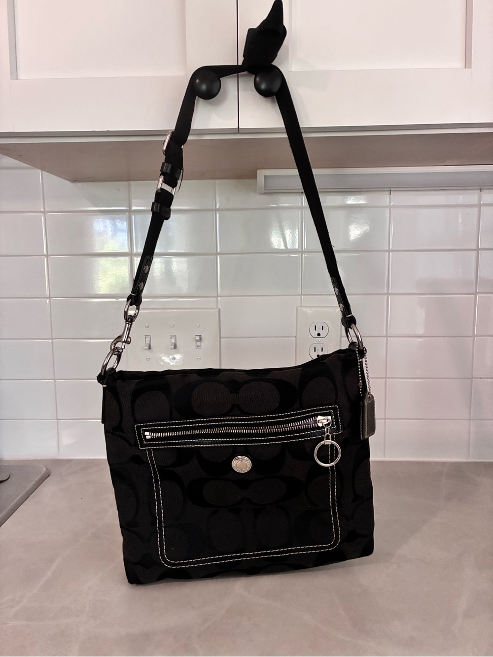 Vintage Coach Black Signature Jacquard Shoulder Bag with Silver Hardware